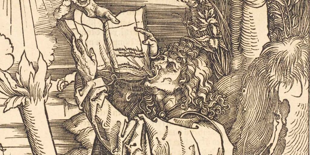 Woodcut illustration of an English man with curly hair, gazing intently at an open book while holding it aloft. His expression is intense. The scene is richly detailed with foliage and textures typical of medieval artwork.