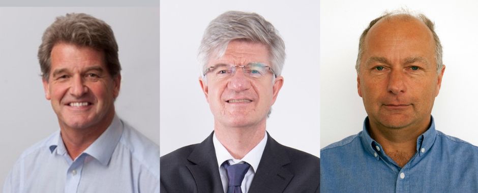 Three men are shown in side-by-side headshots against plain backgrounds. The first man wears a light blue shirt, the second a suit and tie, and the third a darker blue shirt. They have varied hair colors and styles.