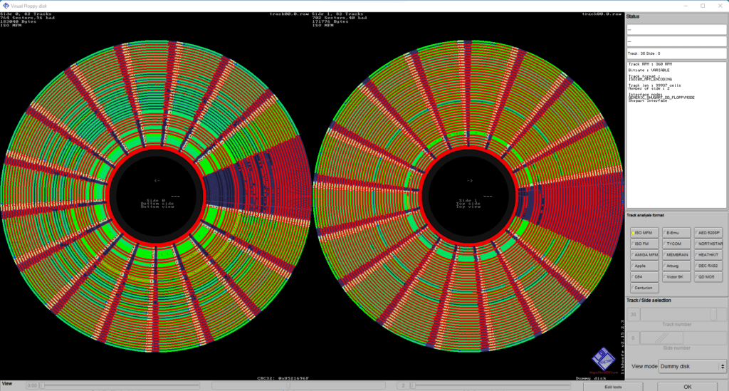 A computer screen displays two circular, multicolored disc-like graphs side by side on a black background. The charts have concentric layers in red, green, yellow, and blue, surrounded by text and data panels on the sides.